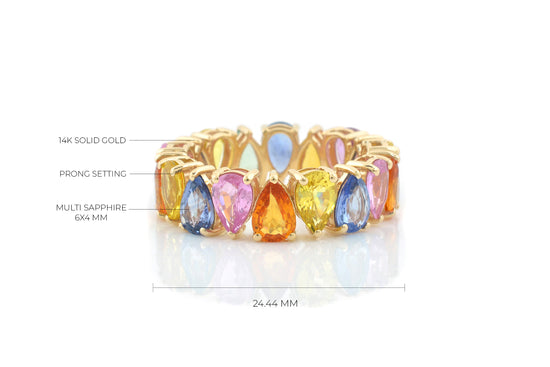 Rainbow Eternity Band In 14k Yellow Gold Multi Sapphire 6x4mm Pear Cut Gemstone Ring