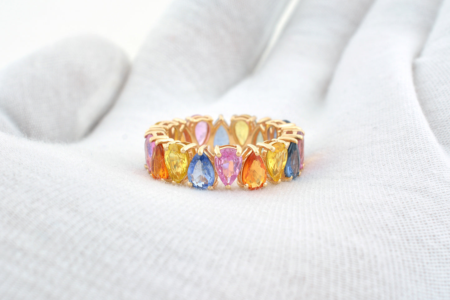 Rainbow Eternity Band In 14k Yellow Gold Multi Sapphire 6x4mm Pear Cut Gemstone Ring