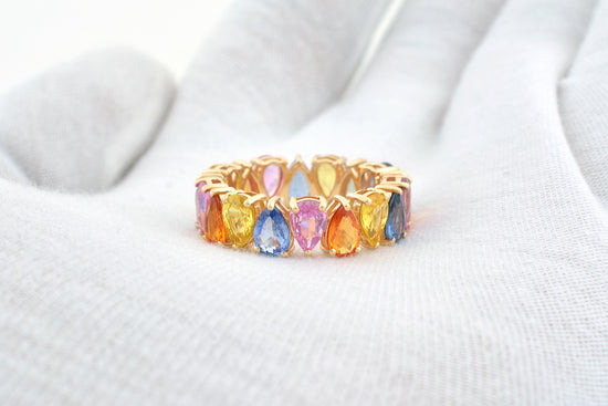 Rainbow Eternity Band In 14k Yellow Gold Multi Sapphire 6x4mm Pear Cut Gemstone Ring