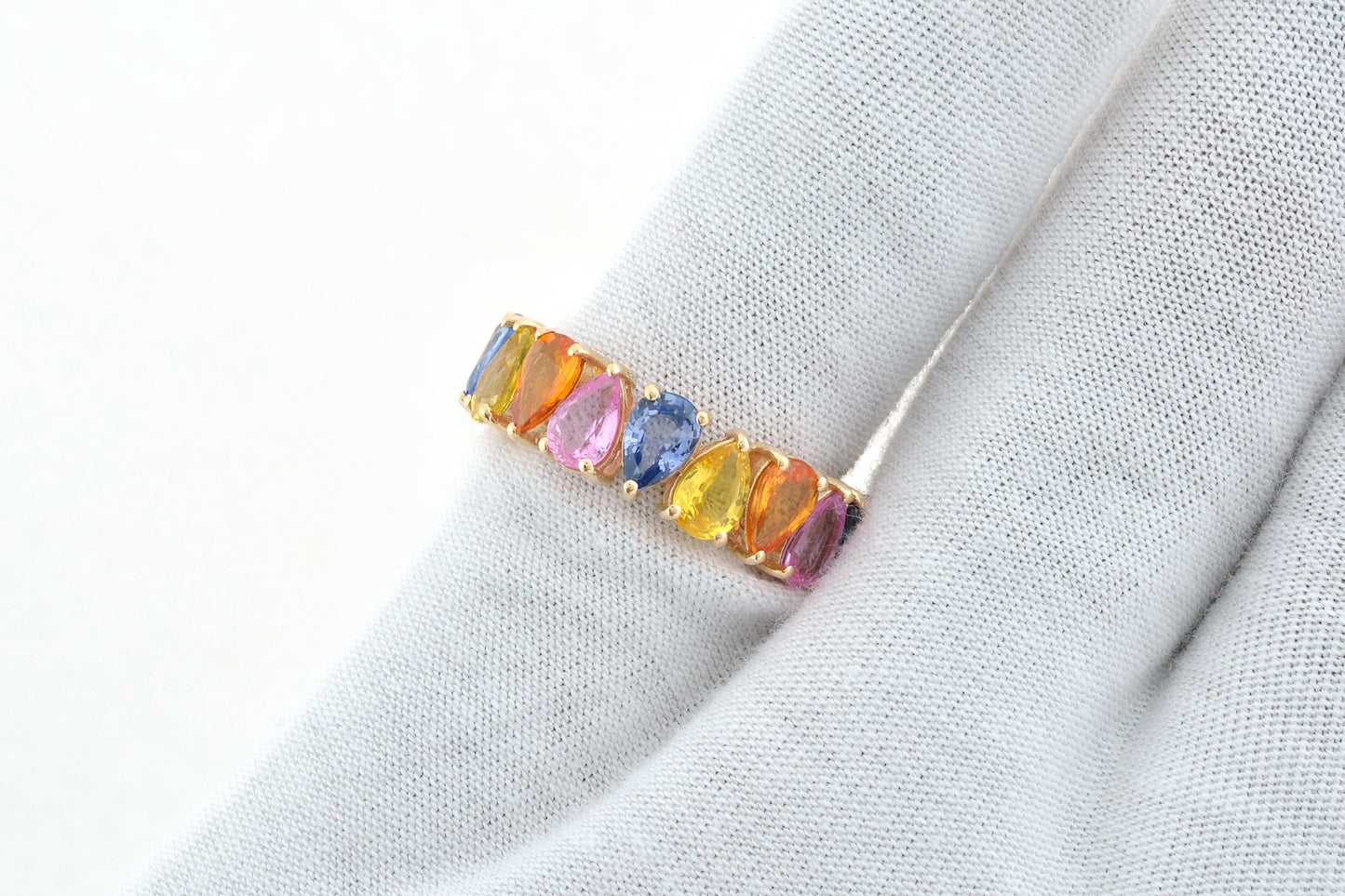 Rainbow Eternity Band In 14k Yellow Gold Multi Sapphire 6x4mm Pear Cut Gemstone Ring