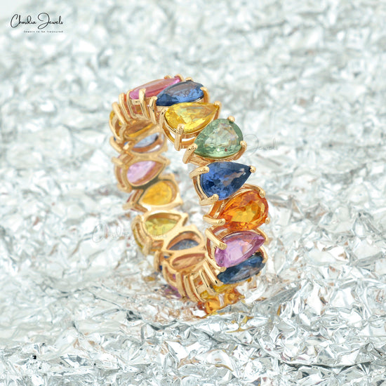 Multi Sapphire 6x4mm Pear Cut Gemstone Eternity Band For Her September Birthstone Jewelry in 14k Solid Yellow Gold
