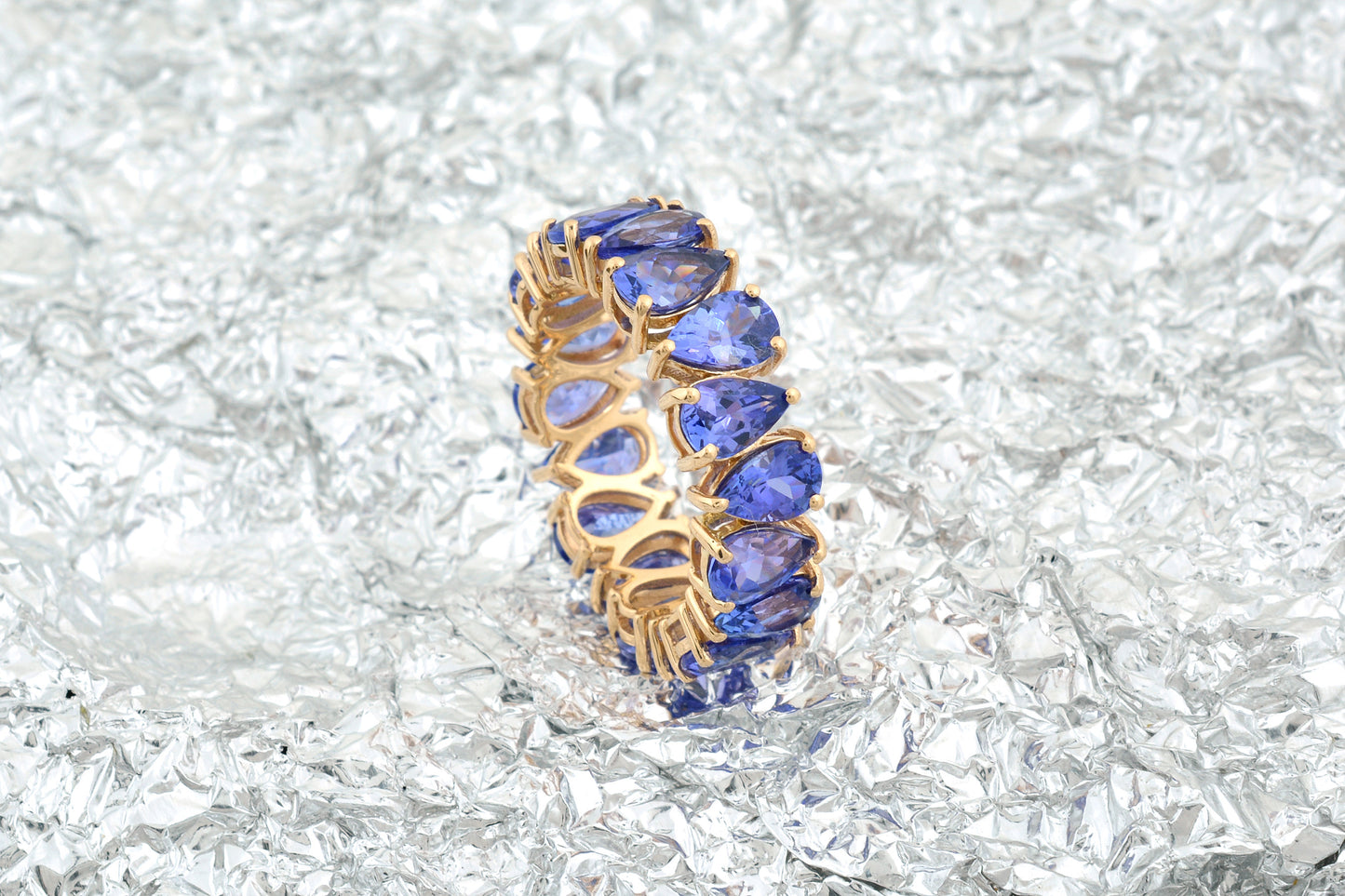Real 14k Yellow Gold Stack Band With 6x4mm Tanzanite Gemstone Full Eternity Bridal Ring