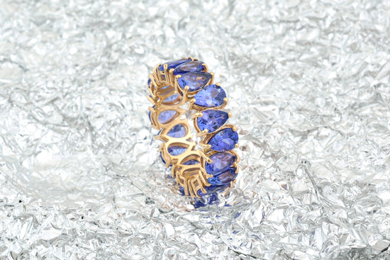 Real 14k Yellow Gold Stack Band With 6x4mm Tanzanite Gemstone Full Eternity Bridal Ring