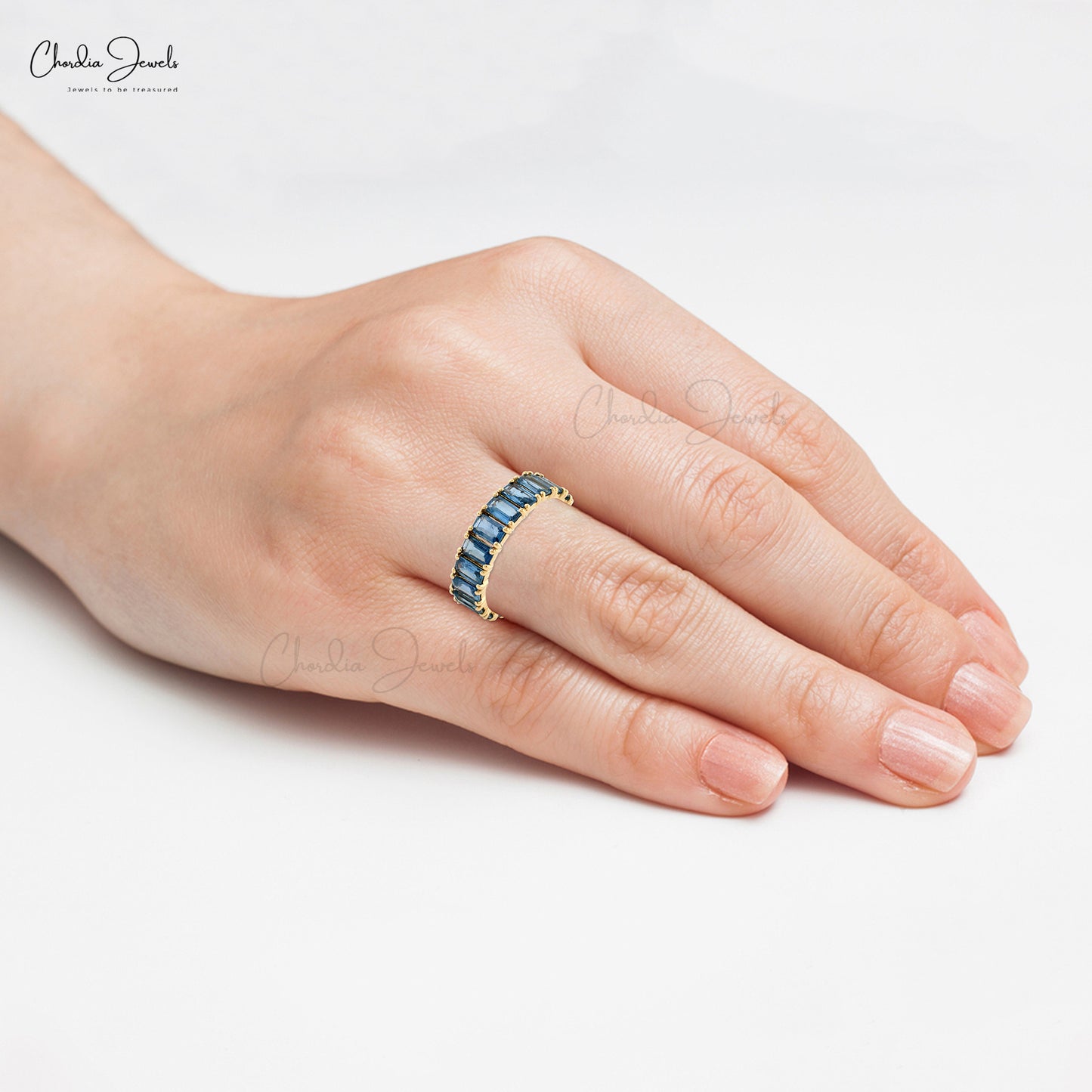 Real 14k Yellow Gold Eternity Band With 5x3mm Octagon Blue Sapphire Gemstone Women Ring