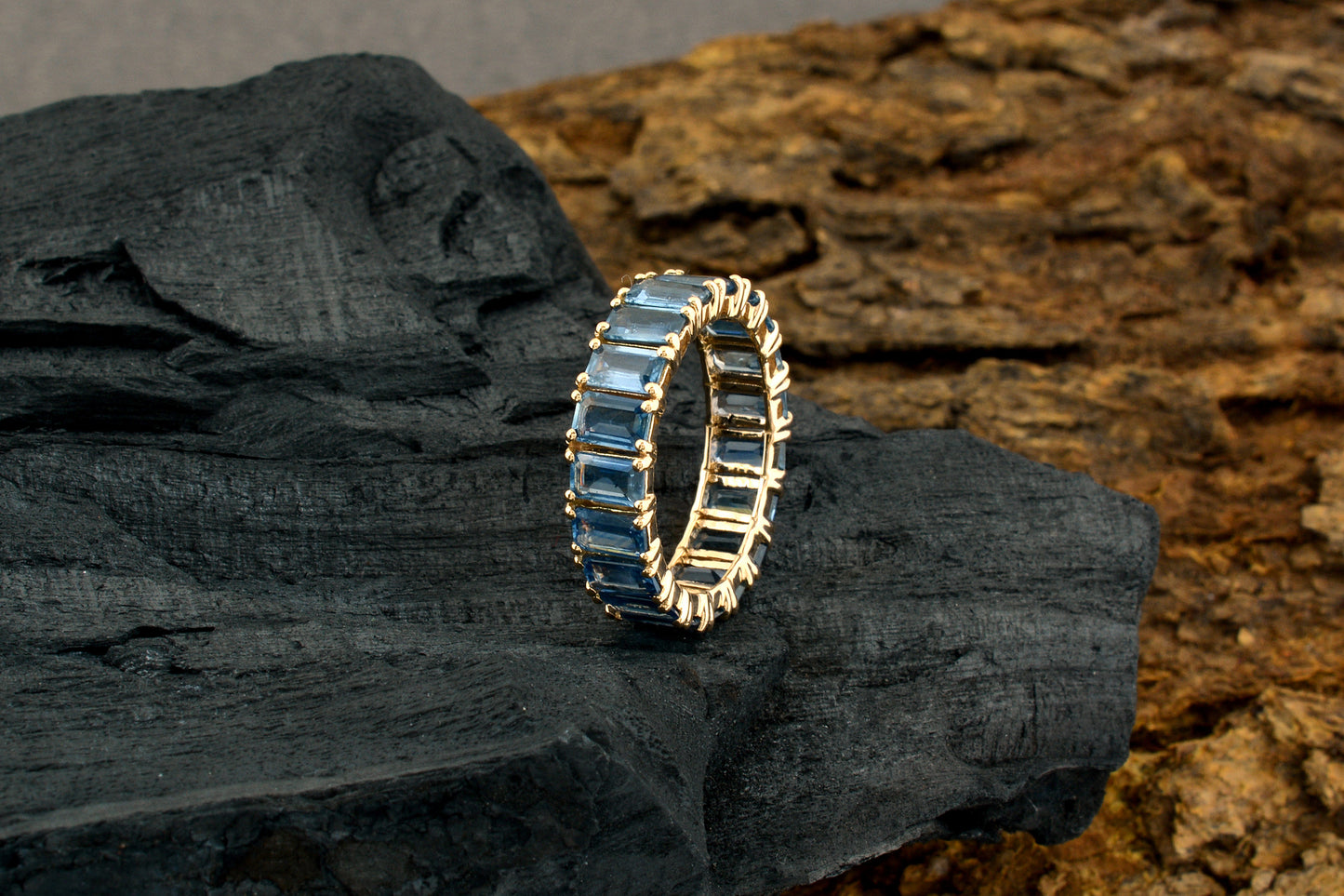 Octagon Stack Band With 5.2 Ct Blue Sapphire 14k Pure Yellow Gold Eternity Women Ring