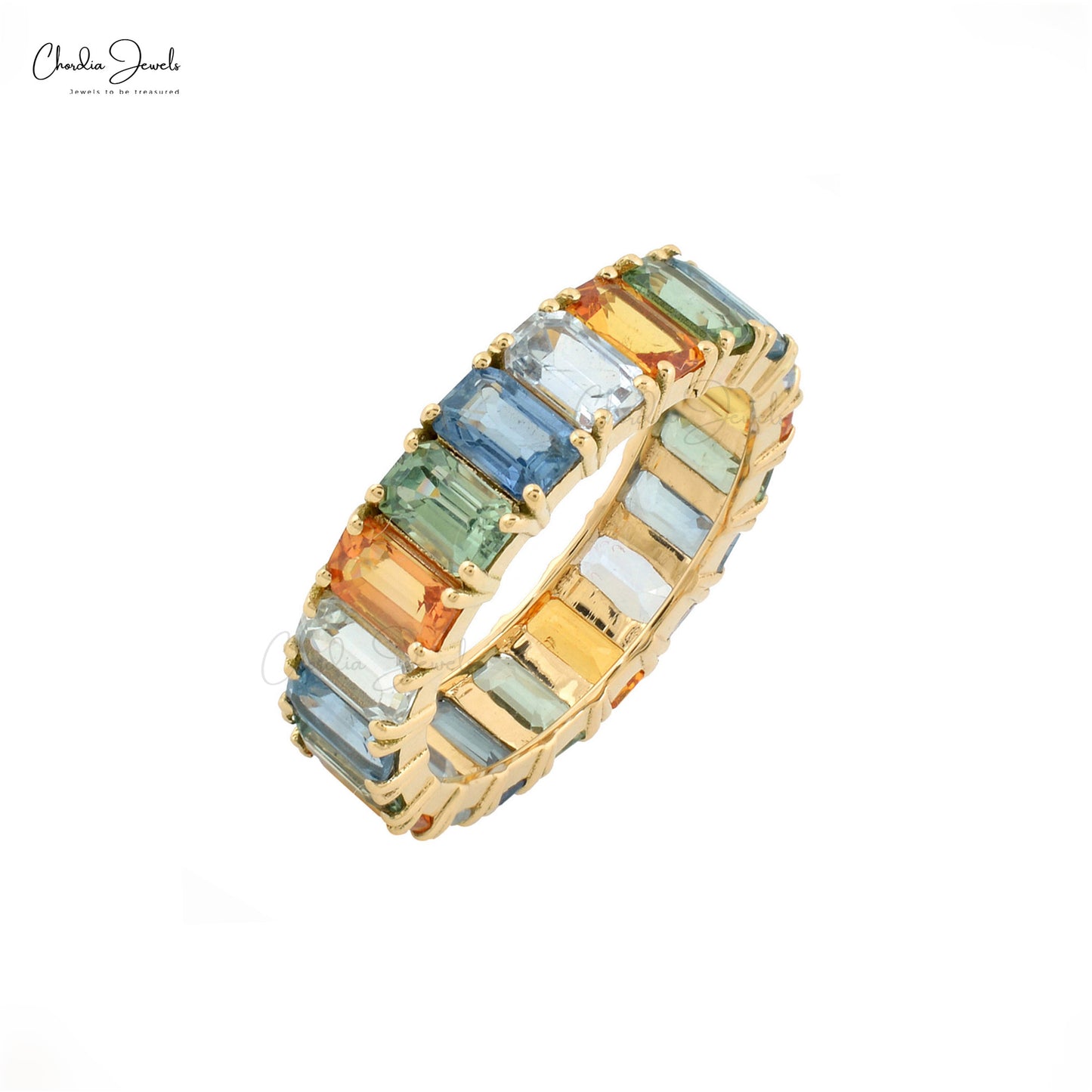 Pure 14k Yellow Gold Eternity Band With 7.2 Ct Rainbow Multi Sapphire Engagement Ring