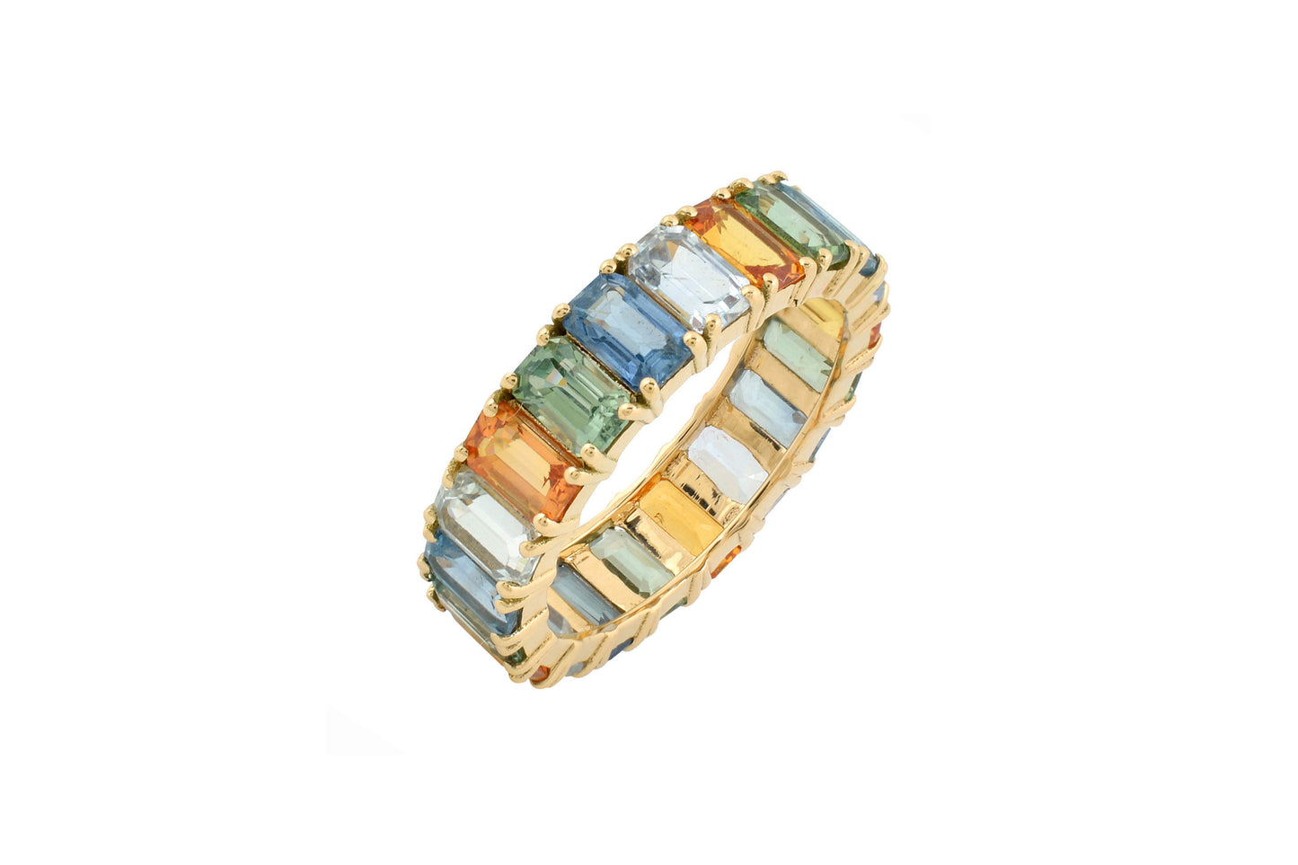 Pure 14k Yellow Gold Eternity Band With 7.2 Ct Rainbow Multi Sapphire Engagement Ring
