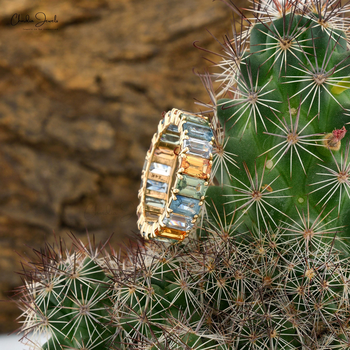 Pure 14k Yellow Gold Eternity Band With 7.2 Ct Rainbow Multi Sapphire Engagement Ring