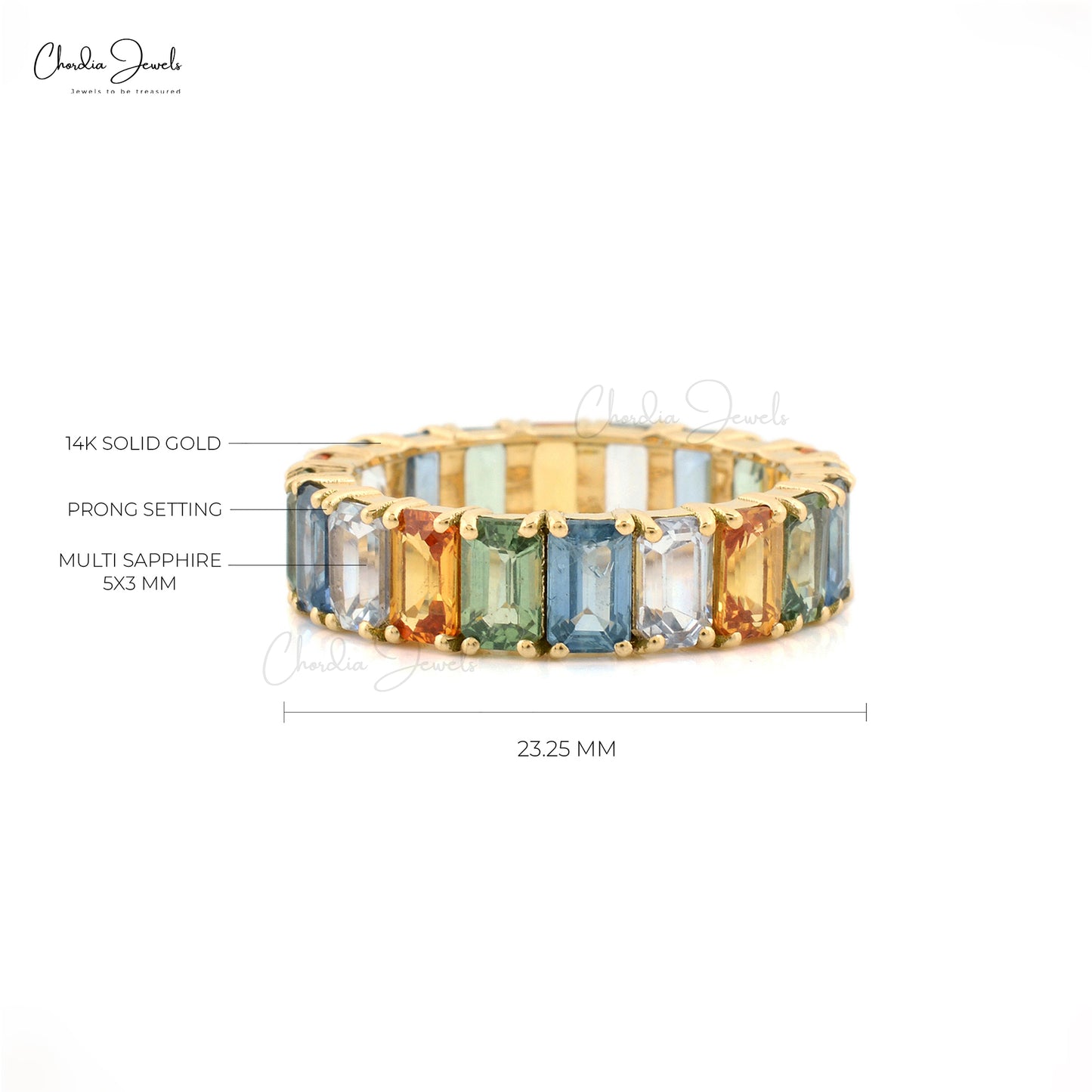Pure 14k Yellow Gold Eternity Band With 7.2 Ct Rainbow Multi Sapphire Engagement Ring