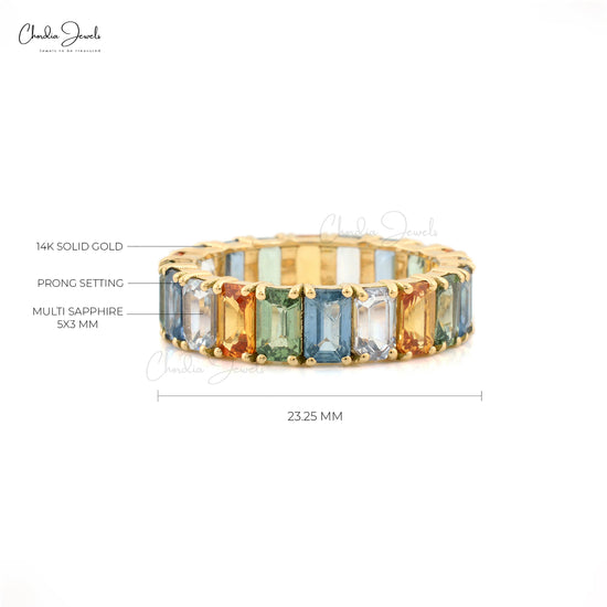 Pure 14k Yellow Gold Eternity Band With 7.2 Ct Rainbow Multi Sapphire Engagement Ring