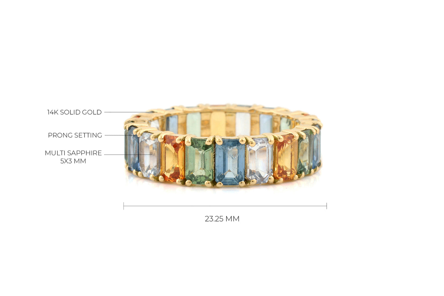 Pure 14k Yellow Gold Eternity Band With 7.2 Ct Rainbow Multi Sapphire Engagement Ring