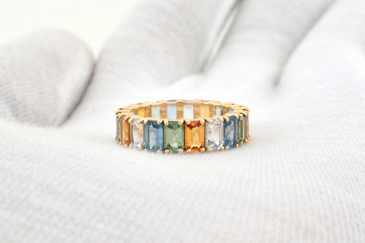 Pure 14k Yellow Gold Eternity Band With 7.2 Ct Rainbow Multi Sapphire Engagement Ring