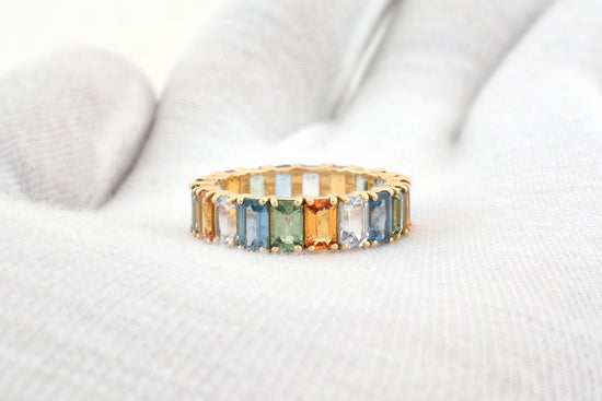 Pure 14k Yellow Gold Eternity Band With 7.2 Ct Rainbow Multi Sapphire Engagement Ring