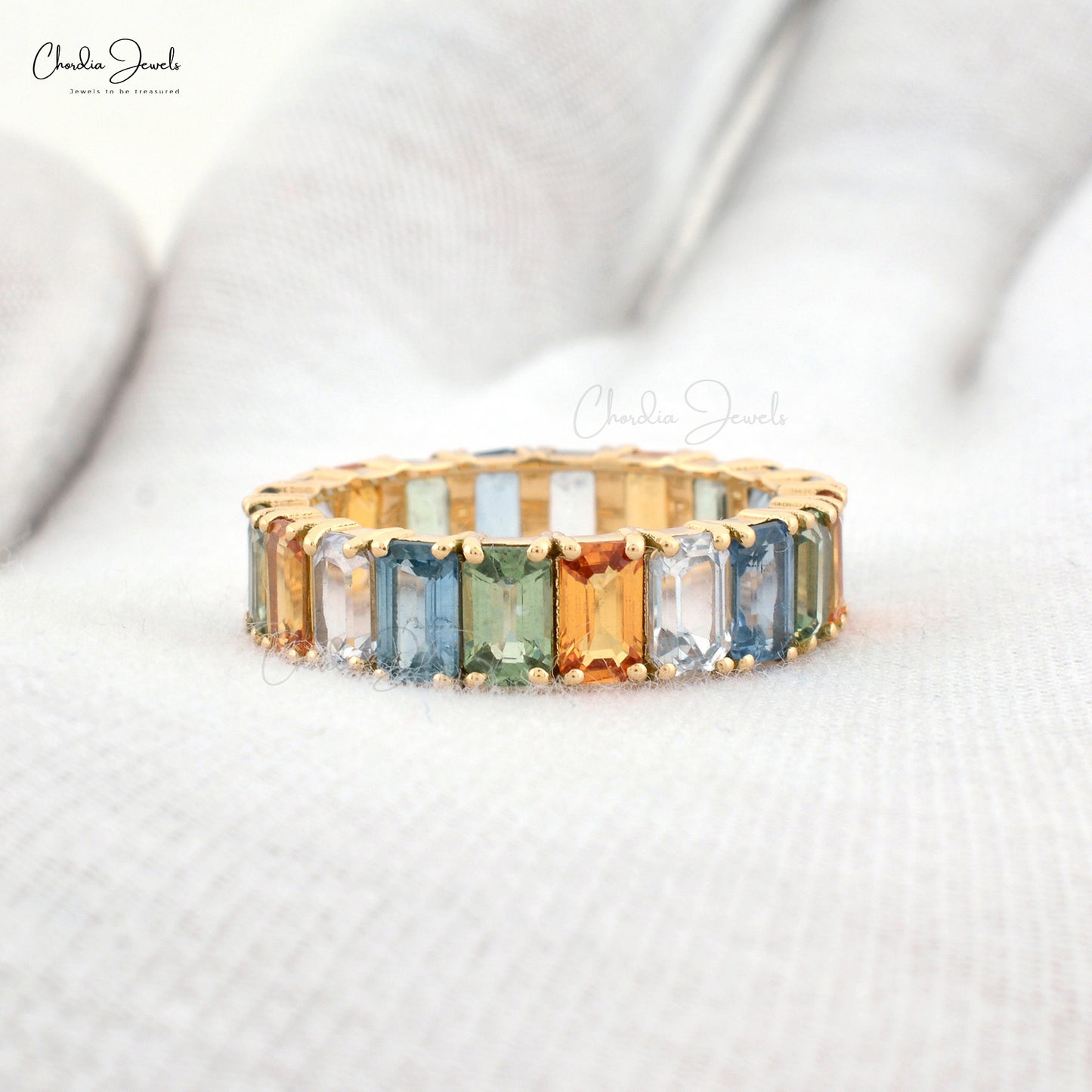Pure 14k Yellow Gold Eternity Band With 7.2 Ct Rainbow Multi Sapphire Engagement Ring