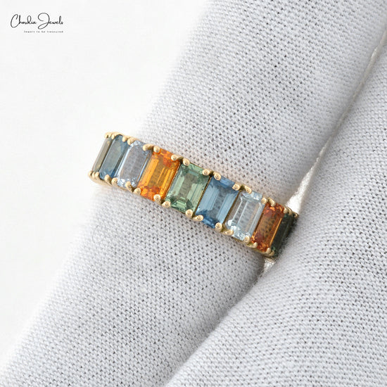 Pure 14k Yellow Gold Eternity Band With 7.2 Ct Rainbow Multi Sapphire Engagement Ring