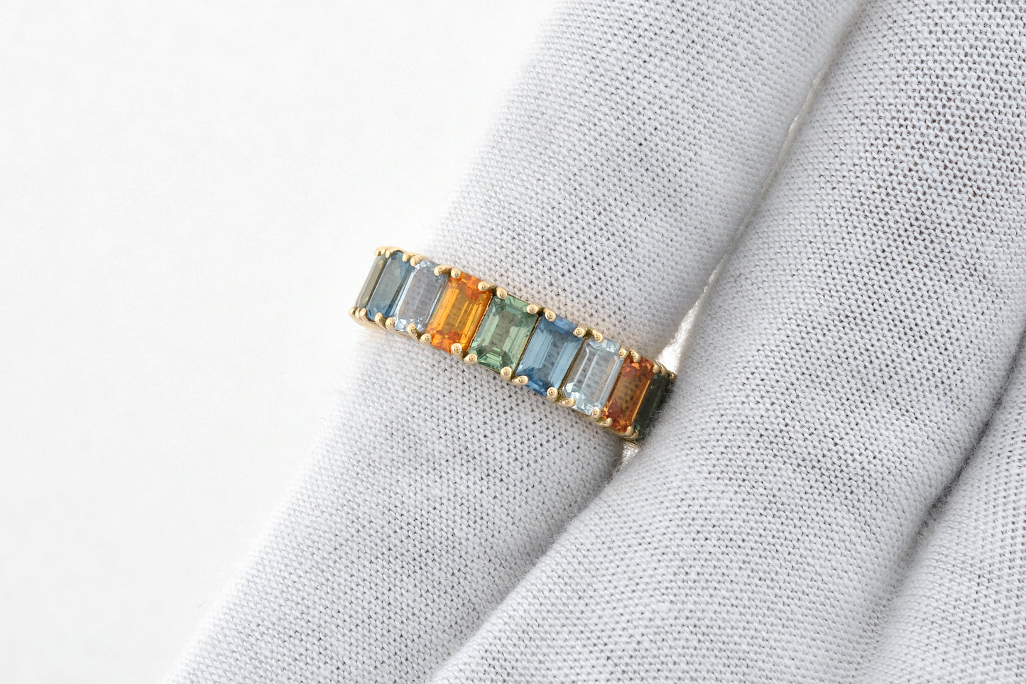 Pure 14k Yellow Gold Eternity Band With 7.2 Ct Rainbow Multi Sapphire Engagement Ring