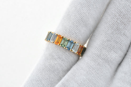 Pure 14k Yellow Gold Eternity Band With 7.2 Ct Rainbow Multi Sapphire Engagement Ring