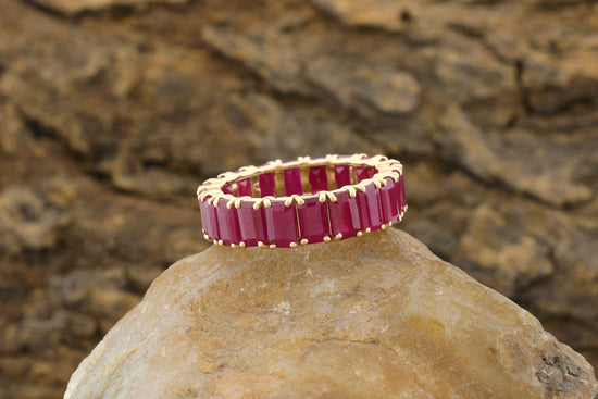 Genuine Ruby Stackable Ring In 14k Yellow Gold Handmade Full Eternity Wedding Band Rings