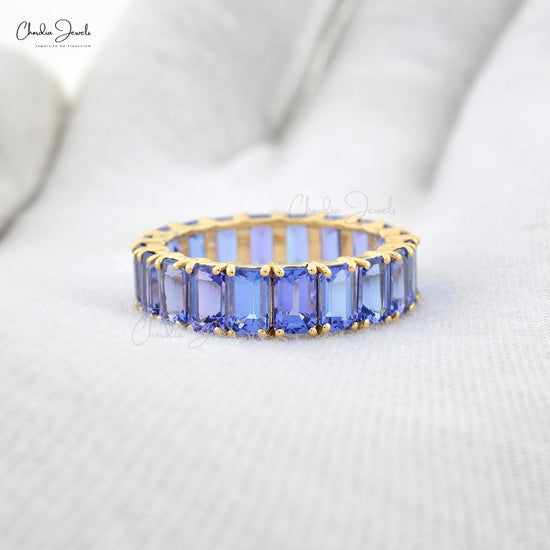 Genuine Tanzanite 5x3mm Emerald Cut Eternity Band 14k Real Gold Thumb Ring Minimalist Engagement Ring