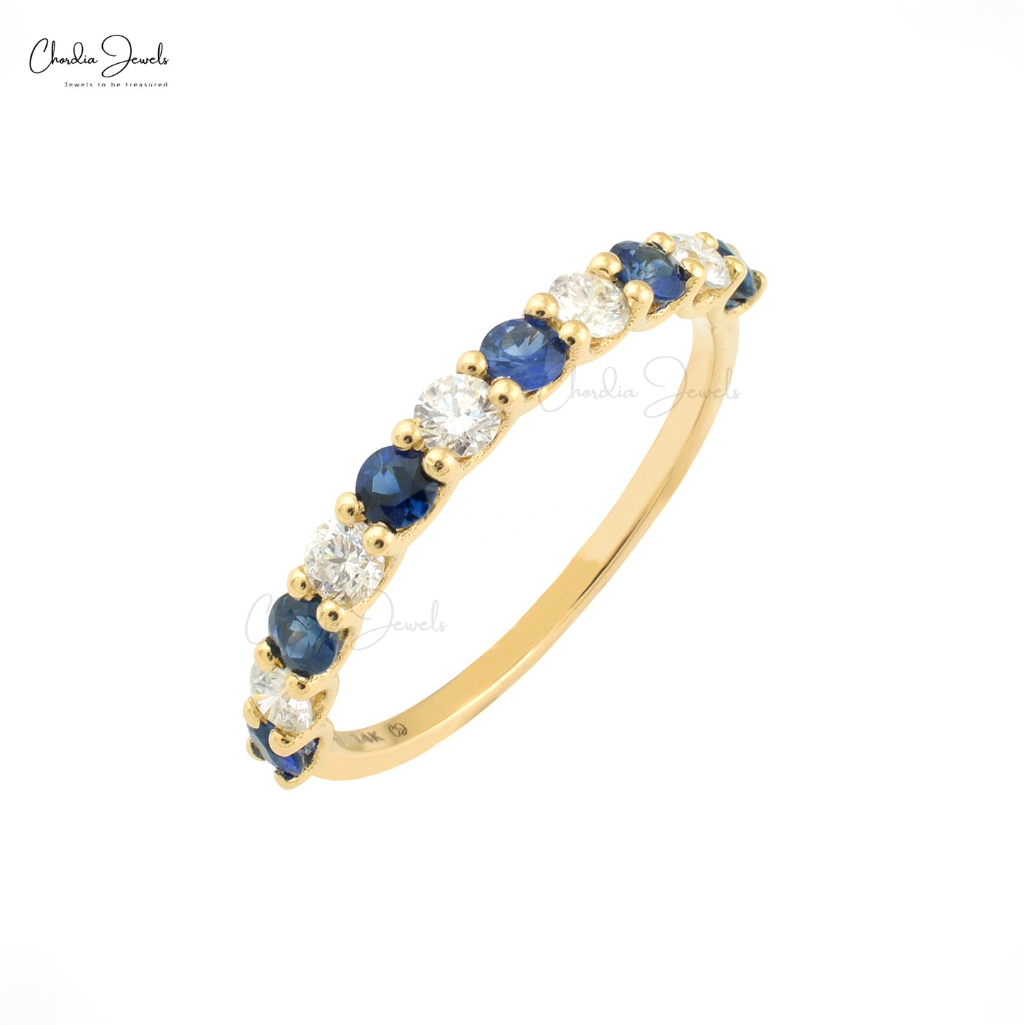 Natural Blue Sapphire Half Eternity Band 2.5mm Round Gemstone 14k Solid Yellow Gold Diamond Eternity Ring For Her