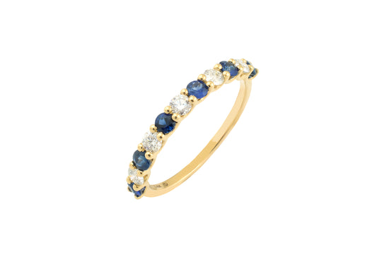 Half Eternity Wedding Ring With 2.5mm Blue Sapphire And Diamond Band In 14k Yellow Gold
