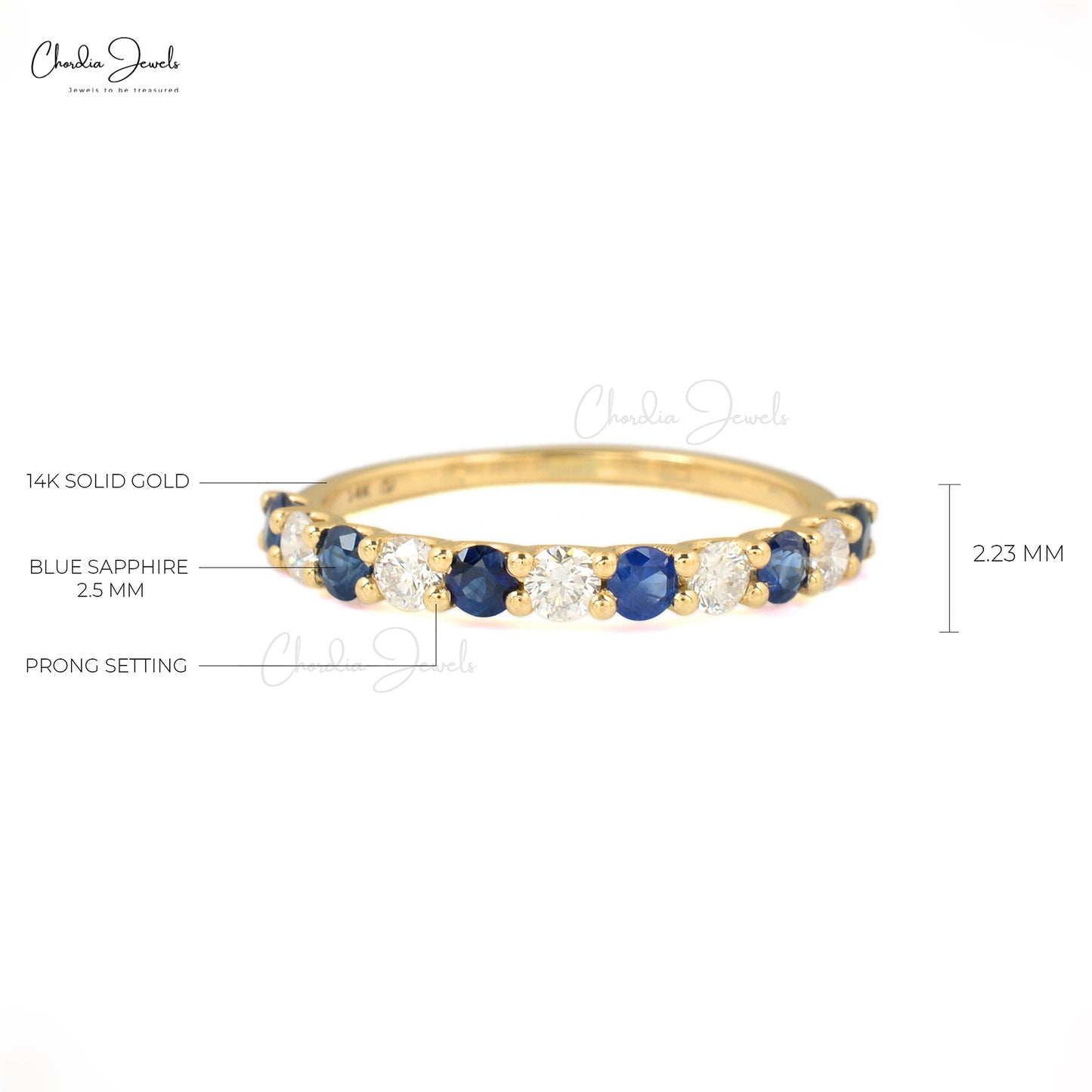 Stacking Gemstone Ring With 2.5mm Blue Sapphire And Diamond 14k Yellow Gold Half Eternity Band