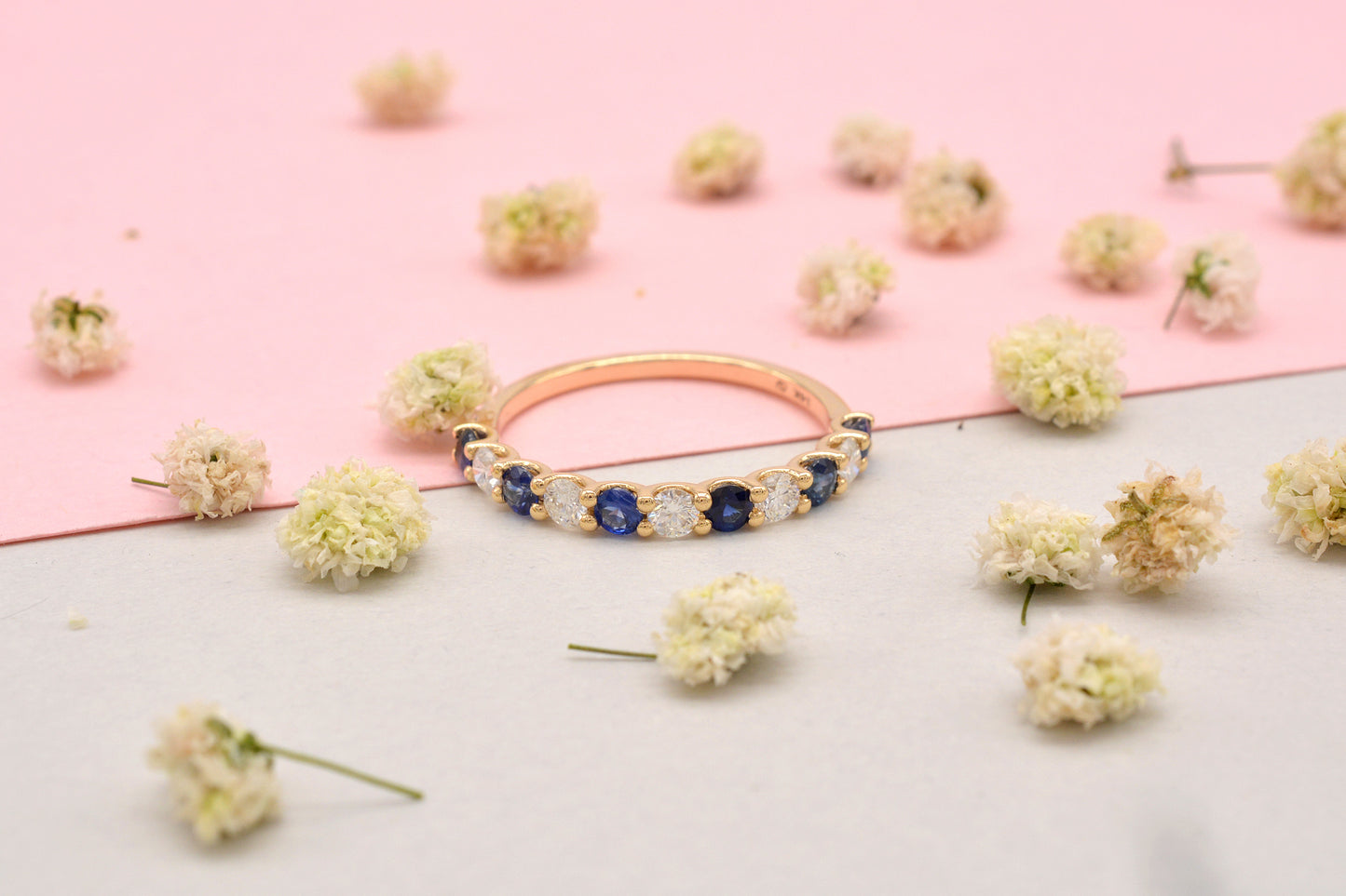 Half Eternity Wedding Ring With 2.5mm Blue Sapphire And Diamond Band In 14k Yellow Gold