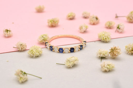 Half Eternity Wedding Ring With 2.5mm Blue Sapphire And Diamond Band In 14k Yellow Gold