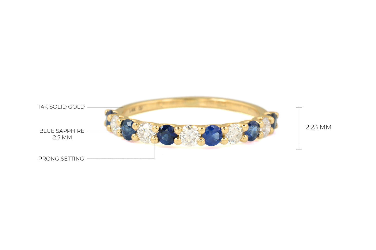 Half Eternity Wedding Ring With 2.5mm Blue Sapphire And Diamond Band In 14k Yellow Gold