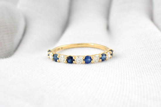 Half Eternity Wedding Ring With 2.5mm Blue Sapphire And Diamond Band In 14k Yellow Gold