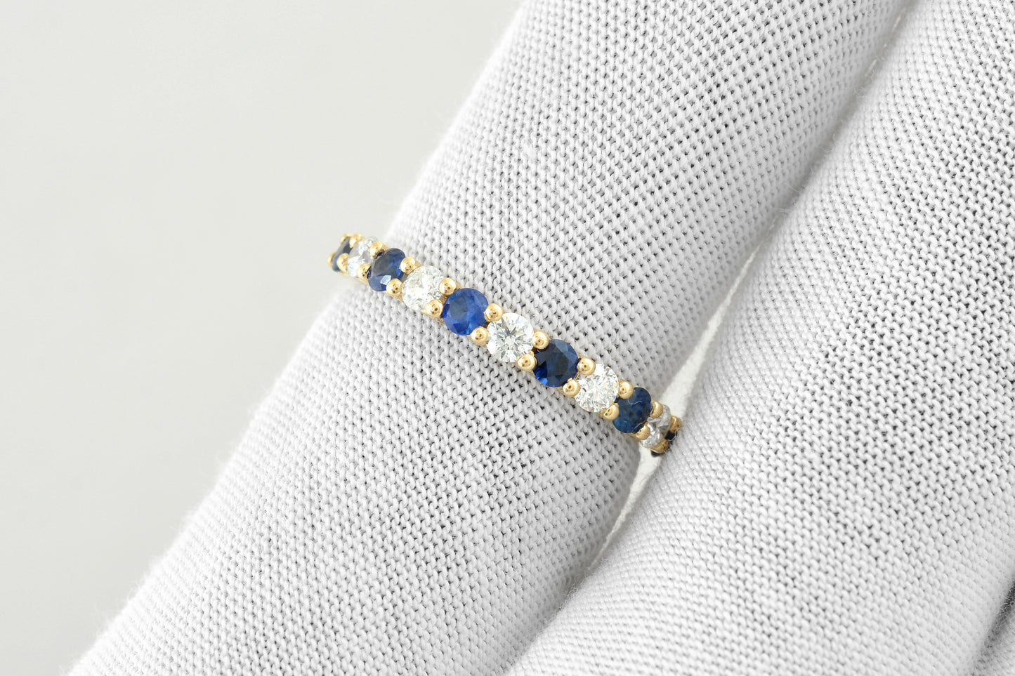Half Eternity Wedding Ring With 2.5mm Blue Sapphire And Diamond Band In 14k Yellow Gold