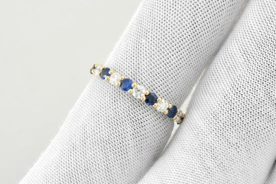 Half Eternity Wedding Ring With 2.5mm Blue Sapphire And Diamond Band In 14k Yellow Gold