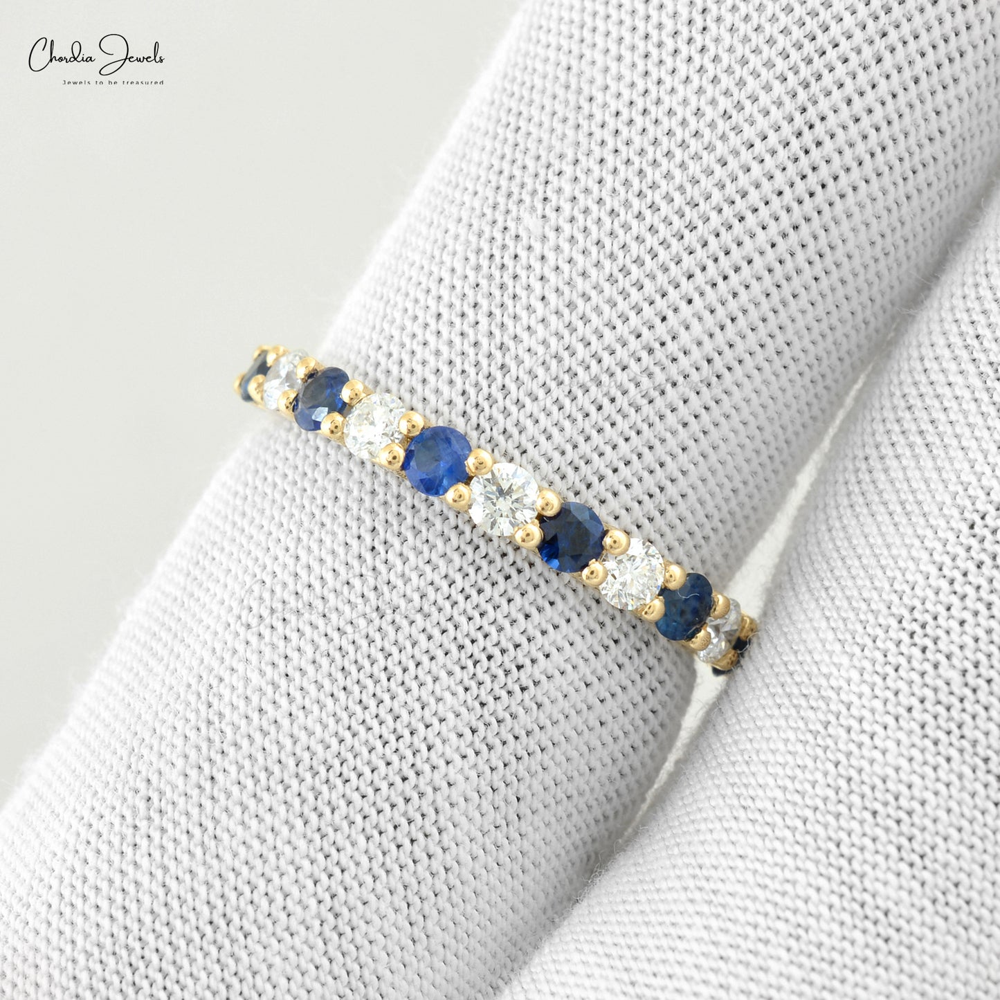 Stacking Gemstone Ring With 2.5mm Blue Sapphire And Diamond 14k Yellow Gold Half Eternity Band