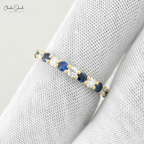 Natural Blue Sapphire Half Eternity Band 2.5mm Round Gemstone 14k Solid Yellow Gold Diamond Eternity Ring For Her