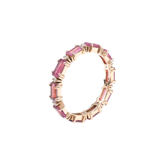 Baguette Stack Band With 1.7 Ct Pink Tourmaline Diamond Eternity Ring In 14k Rose Gold