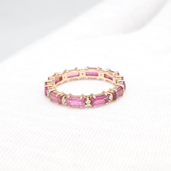 Baguette Stack Band With 1.7 Ct Pink Tourmaline Diamond Eternity Ring In 14k Rose Gold