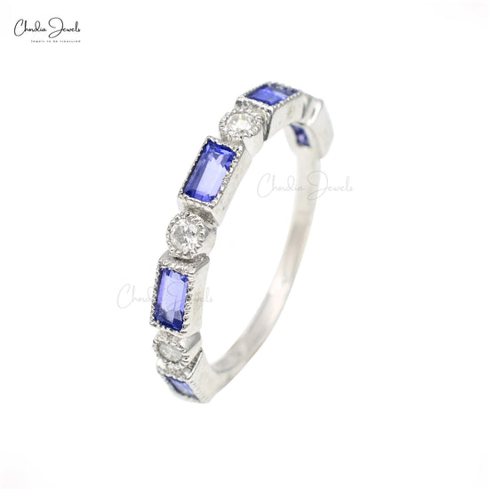 Genuine Tanzanite & Diamond Studded Half-Eternity Ring 14k White Gold Handcrafted Engagement Ring