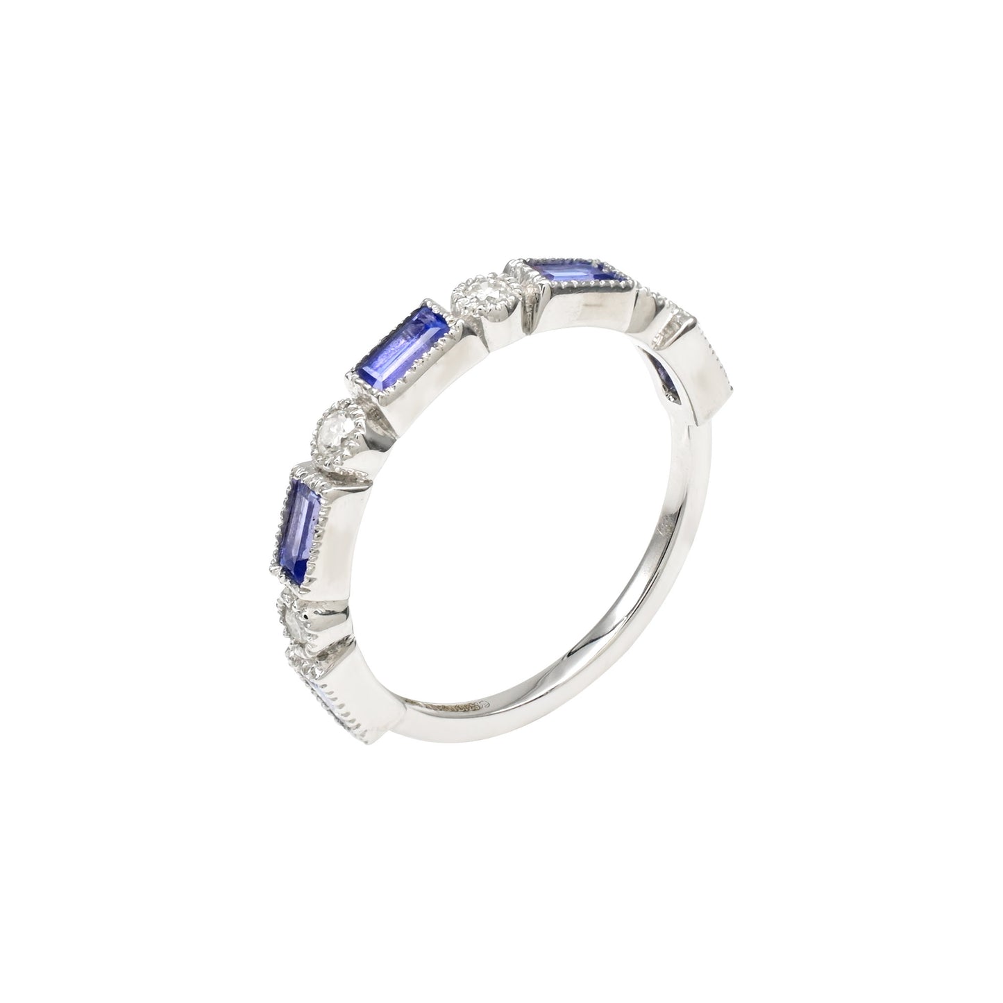 Genuine Tanzanite & Diamond Studded Half-Eternity Ring 14k White Gold Handcrafted Engagement Ring