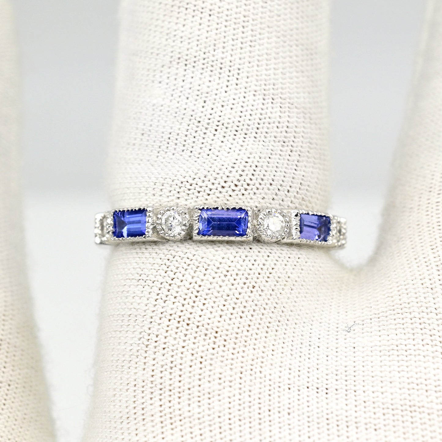 Genuine Tanzanite & Diamond Studded Half-Eternity Ring 14k White Gold Handcrafted Engagement Ring