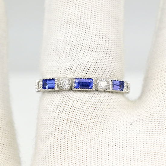 Genuine Tanzanite & Diamond Studded Half-Eternity Ring 14k White Gold Handcrafted Engagement Ring