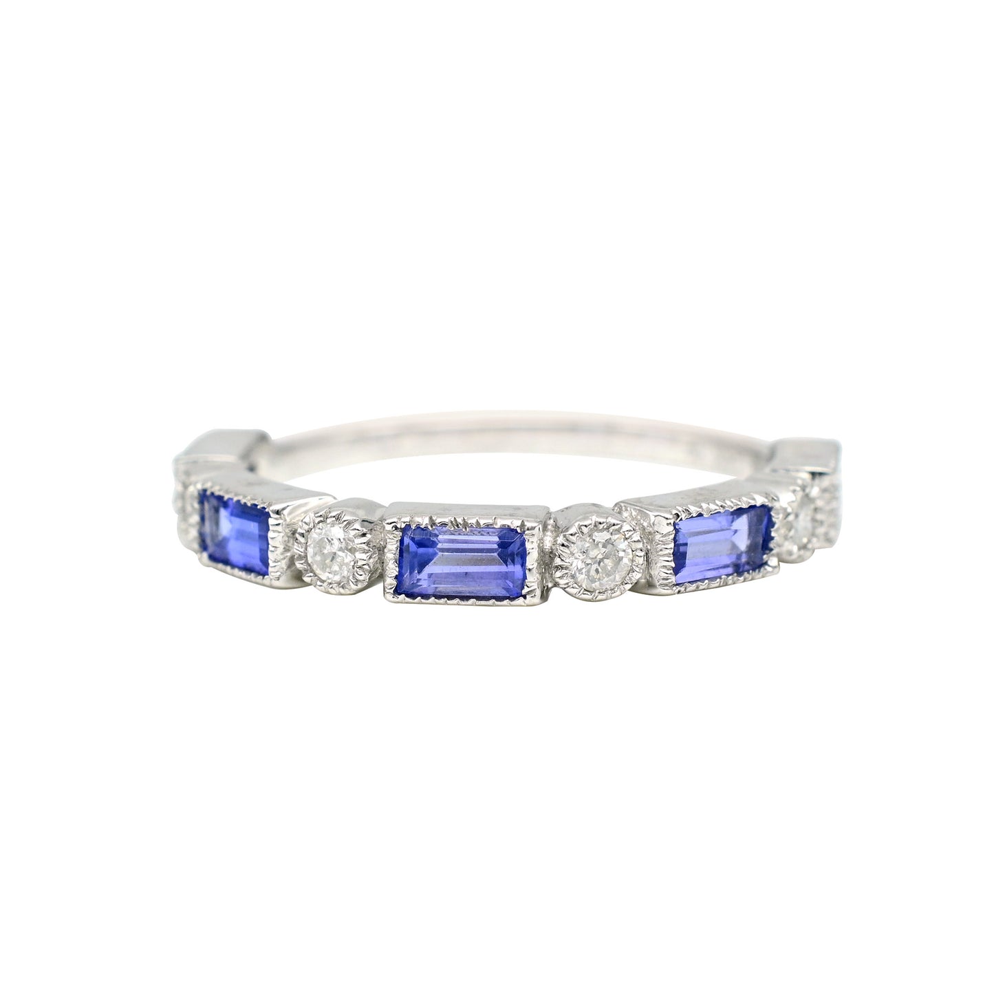 Genuine Tanzanite & Diamond Studded Half-Eternity Ring 14k White Gold Handcrafted Engagement Ring