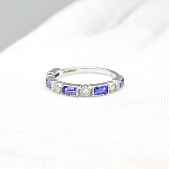 Genuine Tanzanite & Diamond Studded Half-Eternity Ring 14k White Gold Handcrafted Engagement Ring