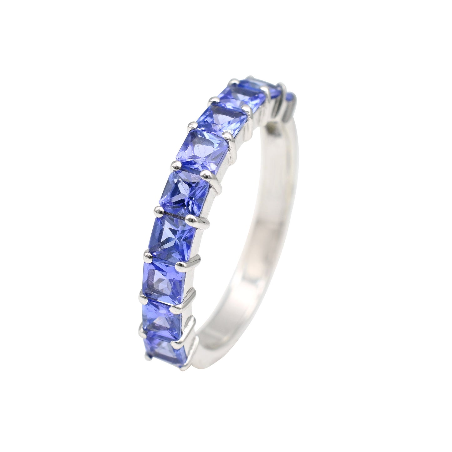 Solid 14k White Gold Certified Band With 3mm Square Tanzanite Half Eternity Promise Rings