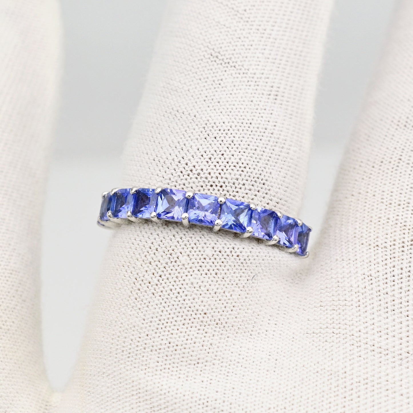 Solid 14k White Gold Certified Band With 3mm Square Tanzanite Half Eternity Promise Rings
