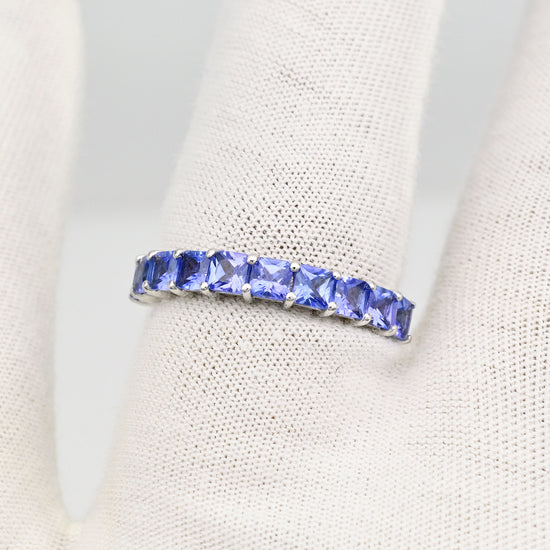 Solid 14k White Gold Certified Band With 3mm Square Tanzanite Half Eternity Promise Rings