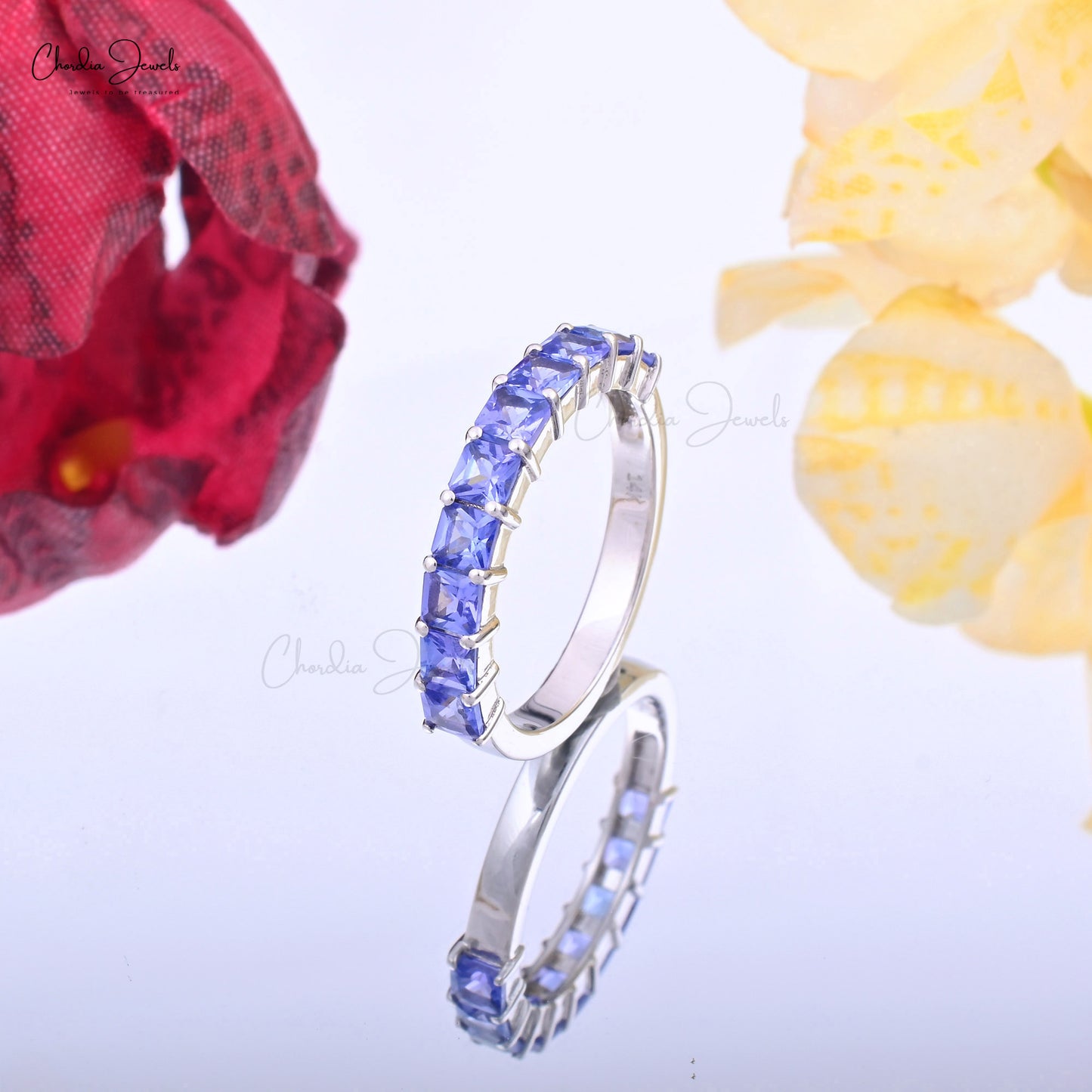 Solid 14k White Gold Half Eternity Band with Tanzanite Gemstone