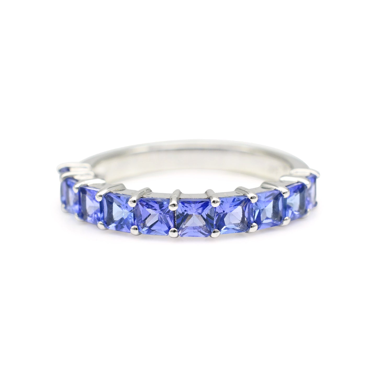 Solid 14k White Gold Certified Band With 3mm Square Tanzanite Half Eternity Promise Rings