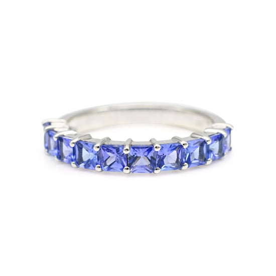 Solid 14k White Gold Certified Band With 3mm Square Tanzanite Half Eternity Promise Rings