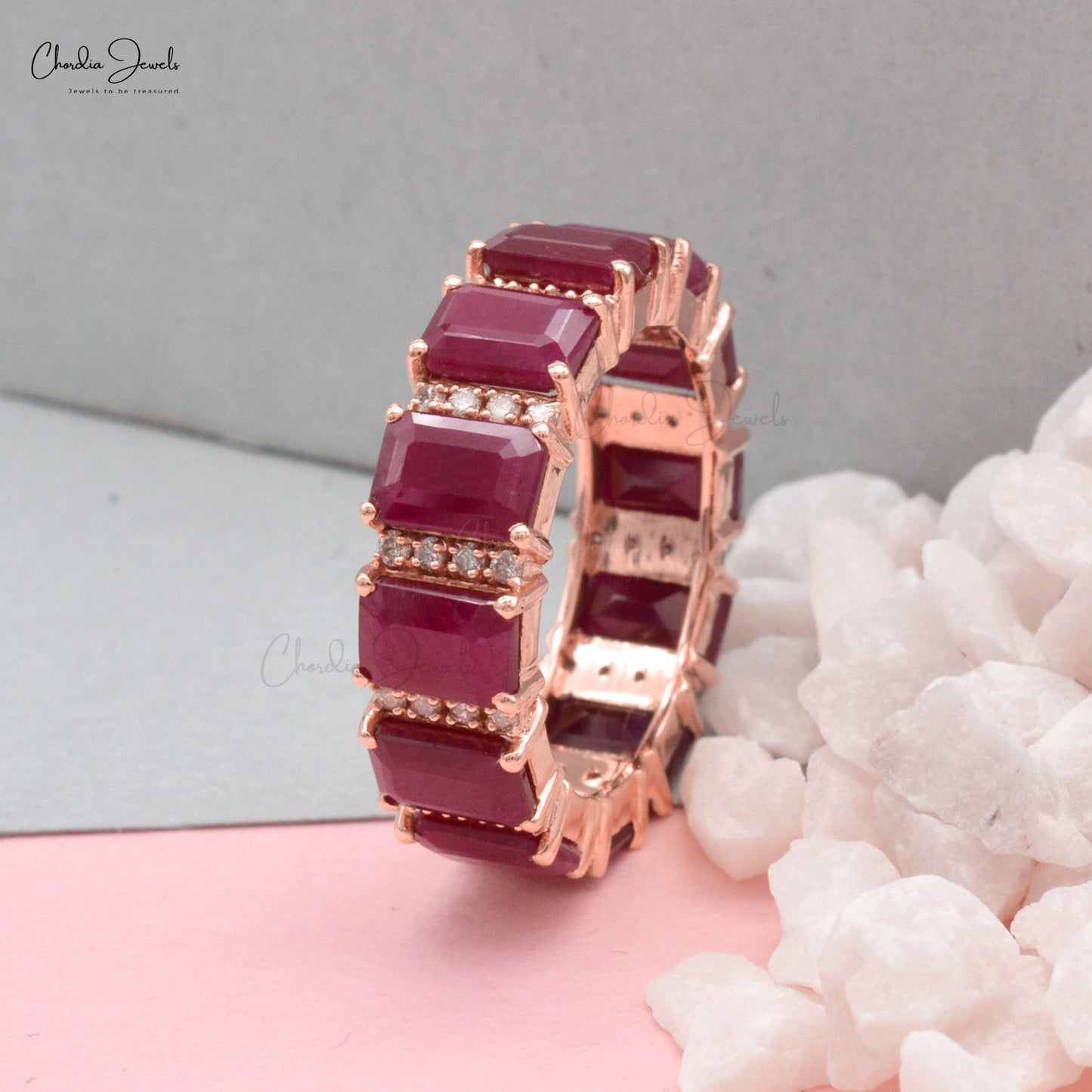 Elegant Octagon Cut Ruby and Diamond Eternity Ring