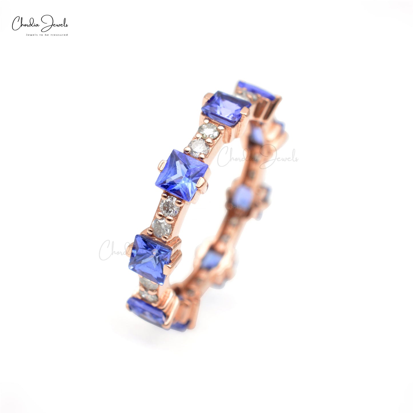 Genuine Tanzanite Gemstone Eternity Ring 14k Solid Rose Gold Diamond Accented Ring For Her